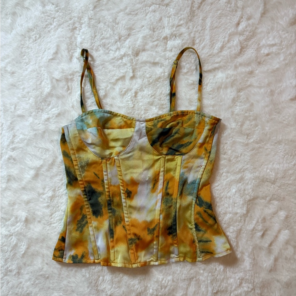 PrettyLittleThing Yellow and Green Patterned Corset Top